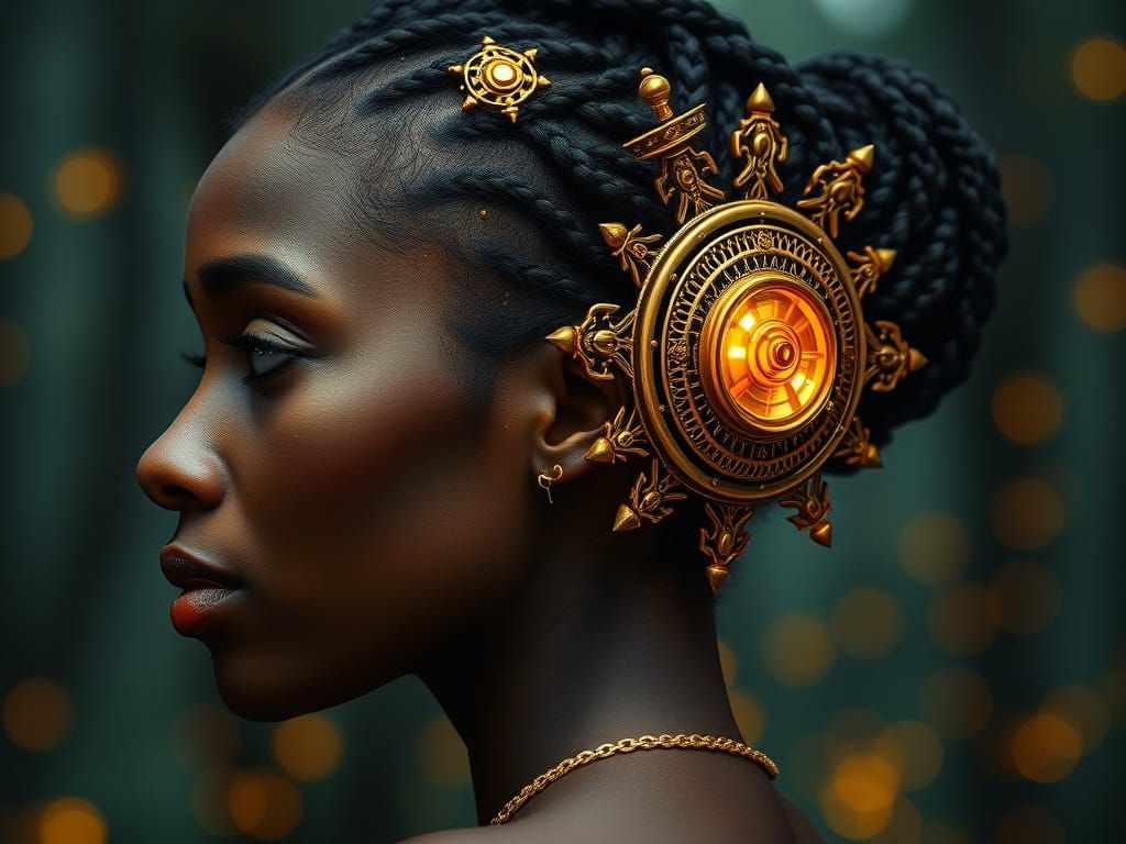 African American Woman with Golden Steampunk Headpiece in Fo...