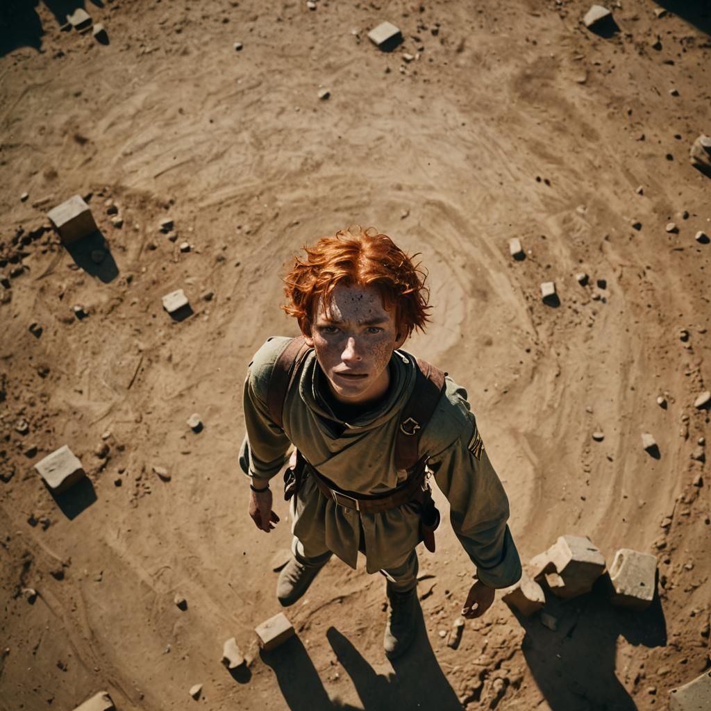 Redhead Boy Under Shadow: Cinematic Film Still