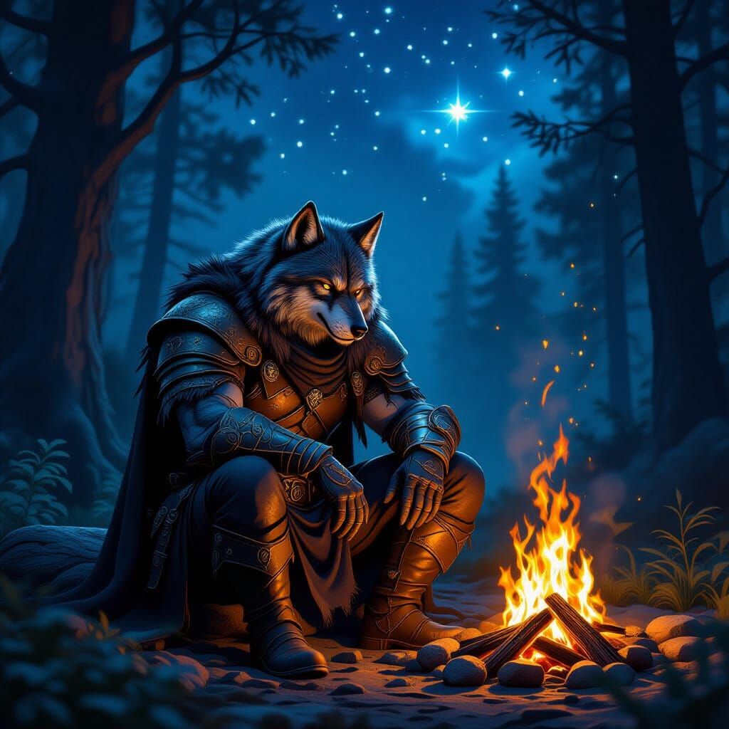 Grizzled Wolf Warrior by Campfire in Ancient Forest