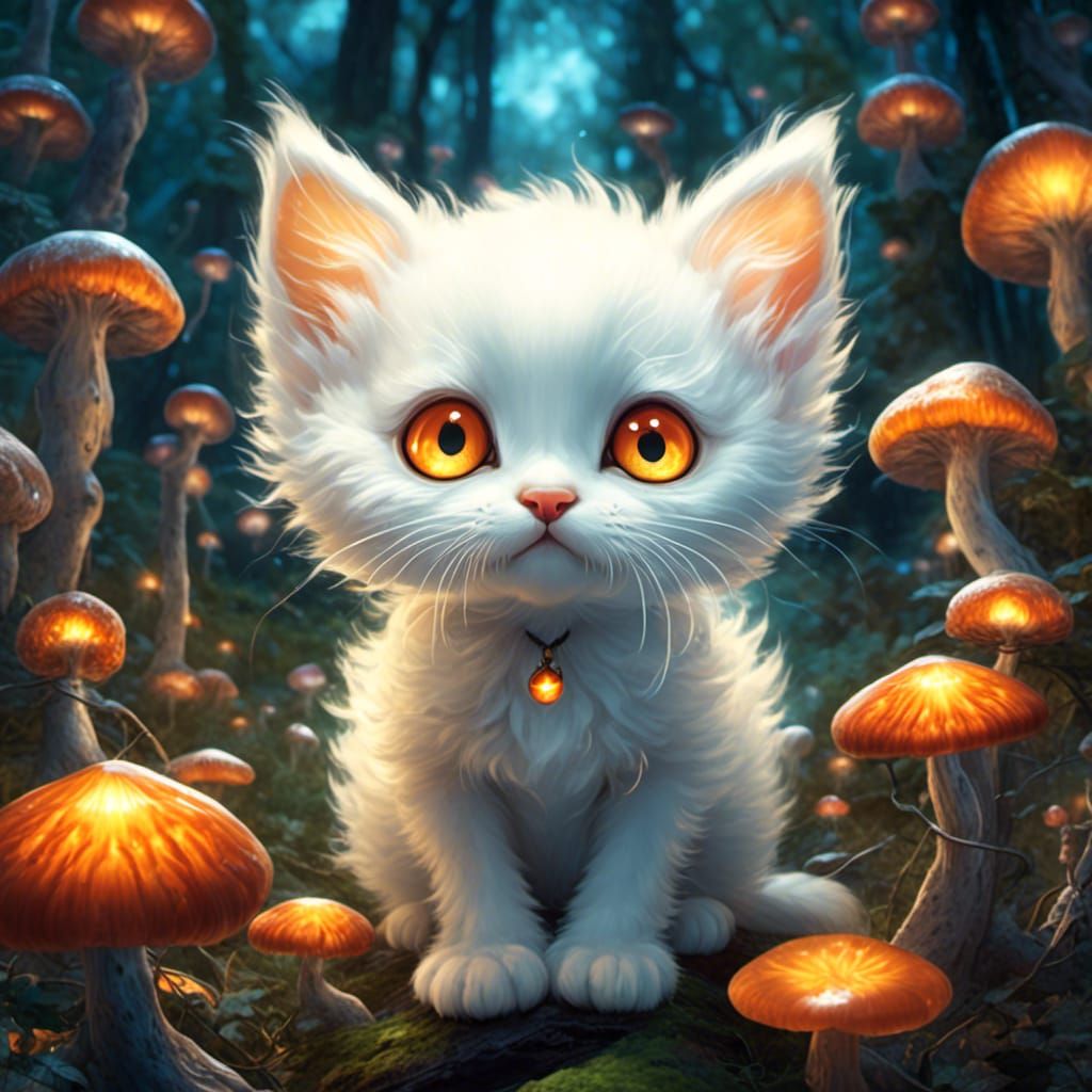 Adorable Kitten in Bioluminescent Mushroom Forest