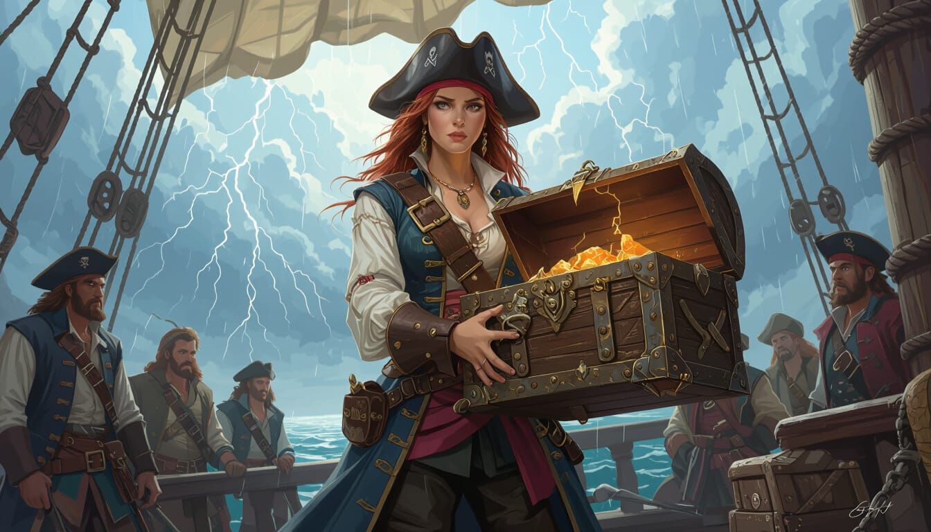 Young Pirate Captain with Treasure Chest on Ship Deck