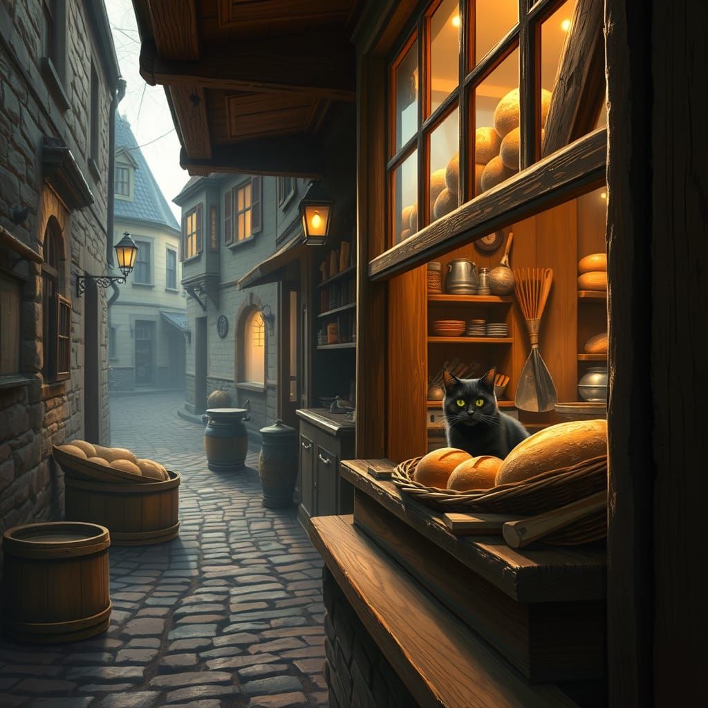 Cozy Village Bakery with Cat in Matte Painting Style