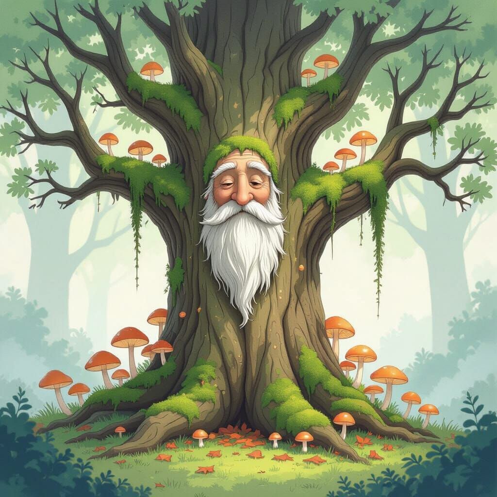 Enchanted Tree in Glowing Mushroom Grove Watercolor