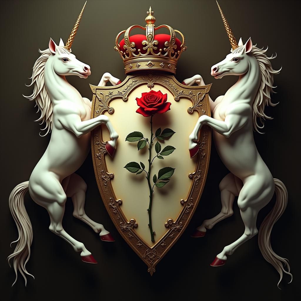 Majestic Crest Shield with Rose, Crown and Unicorns