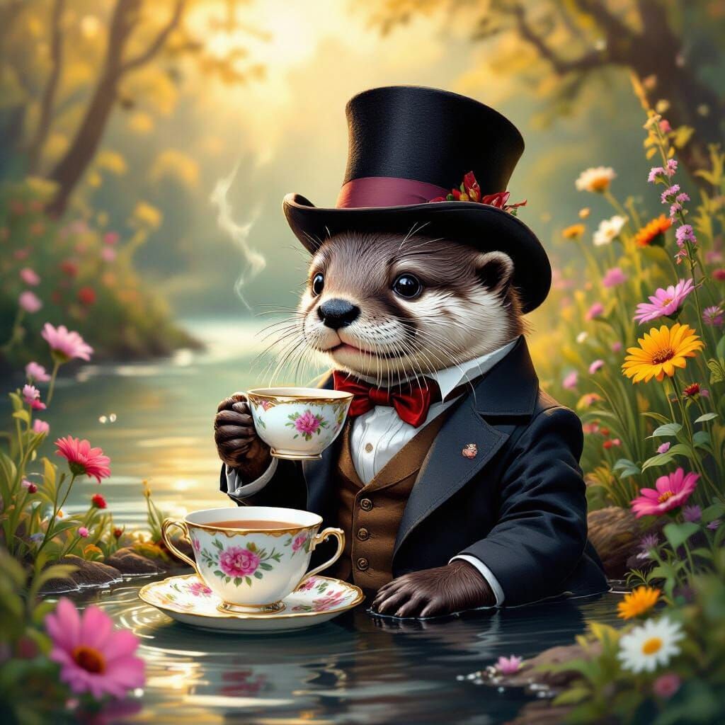 Dapper Otter Sipping Tea by Riverbank