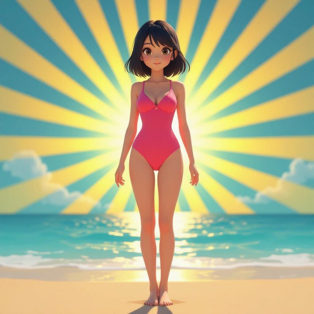 Anime Girl in Pink Swimsuit on Beach, Pixar Style