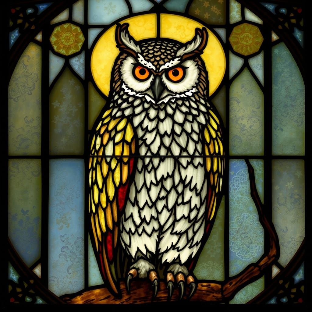 Ethereal Cleric in Victorian Study with Stained Glass Owl