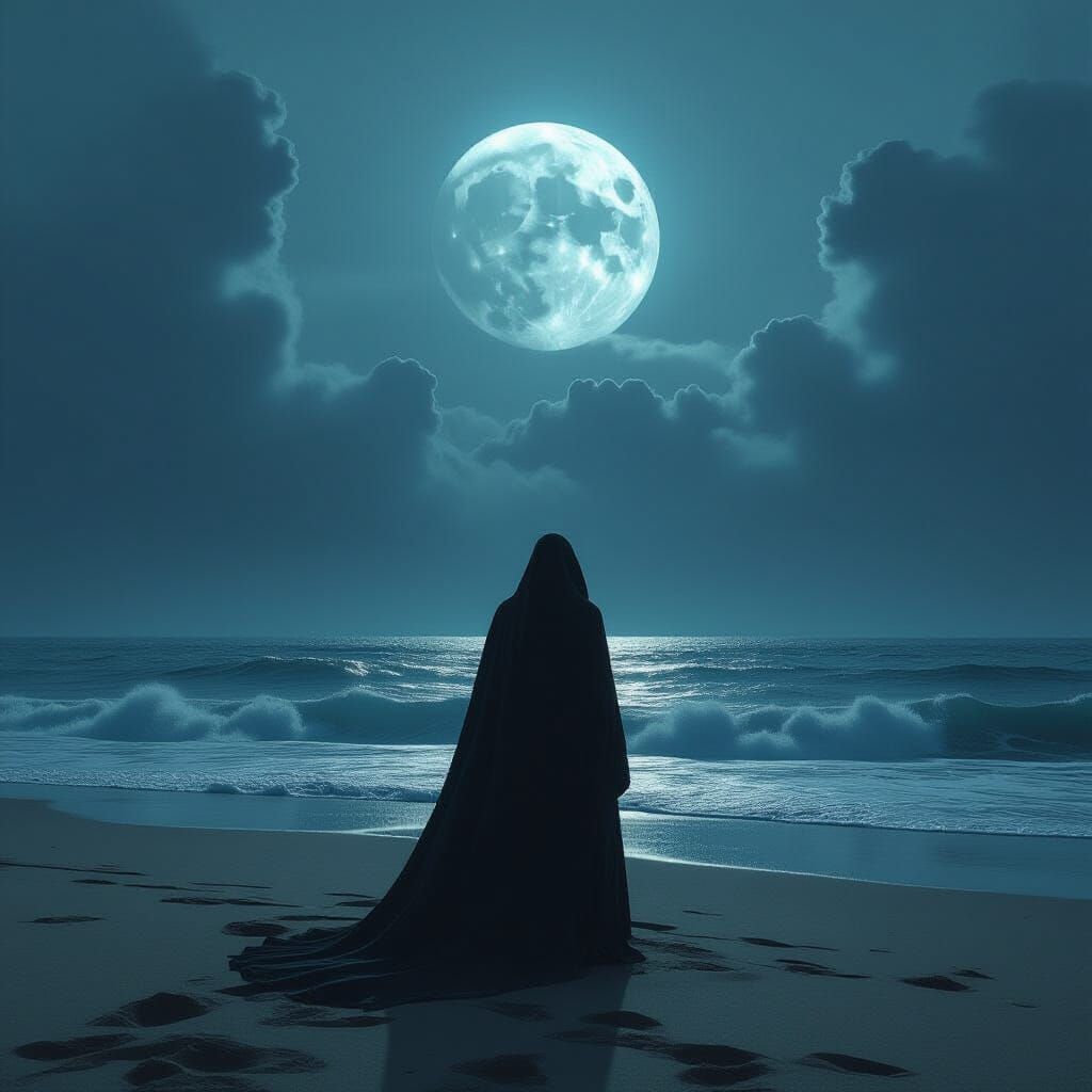 Dark Figure Disappears into Nocturnal Ocean, Surrealist Styl...