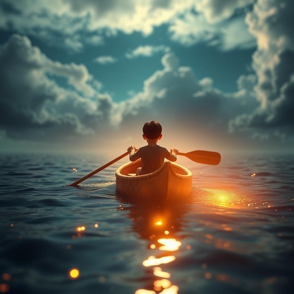 Dream Canoe: 3D Render of Boy on Sky-Ocean