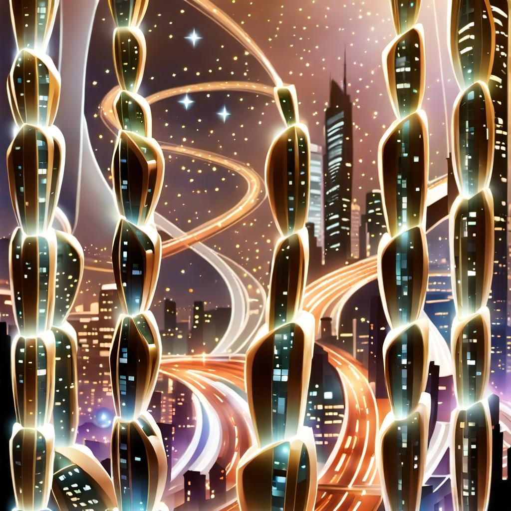 Night Cityscape with Shooting Stars in Digital Art