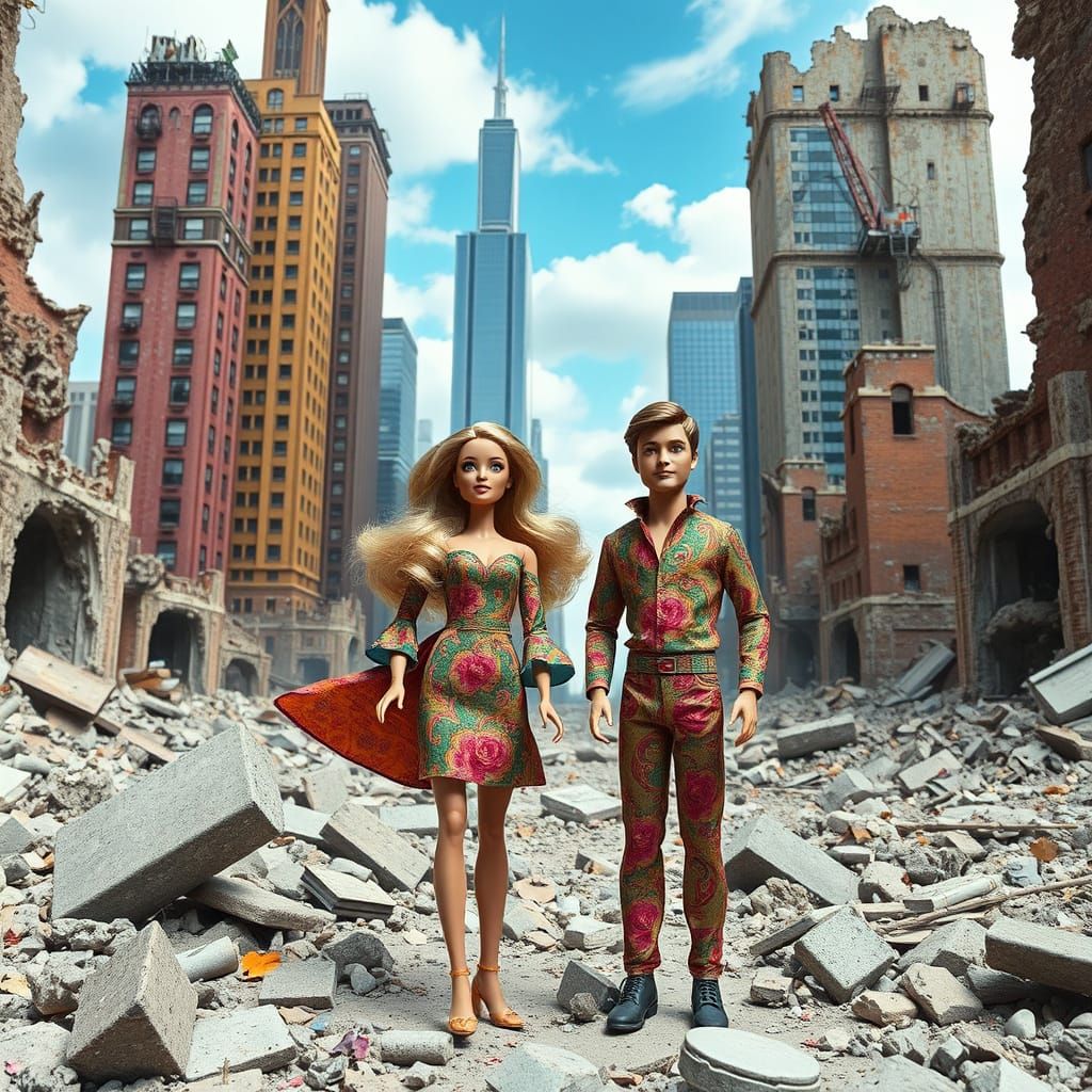 Barbie and Ken in Ruined Cityscape: Dreamlike Art