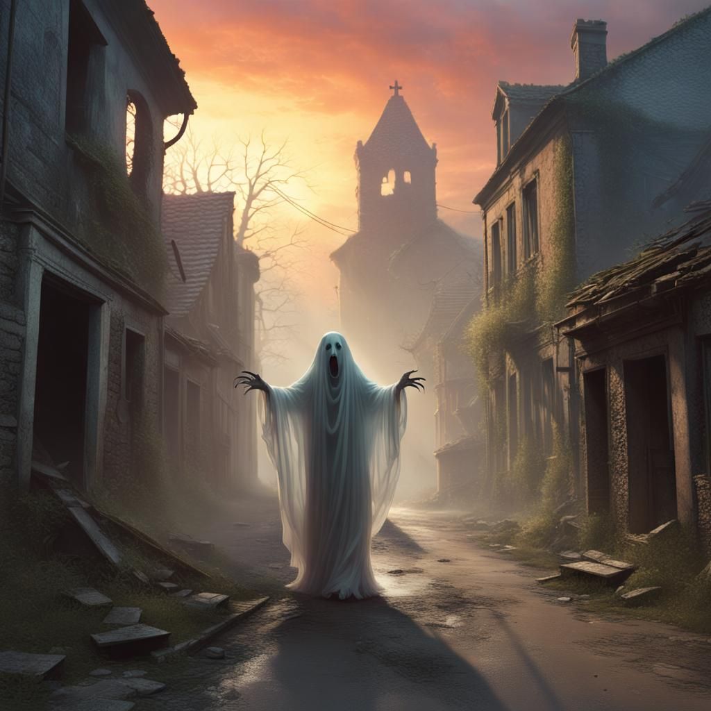 Ghostly Apparition in Ruined Village at Sunset