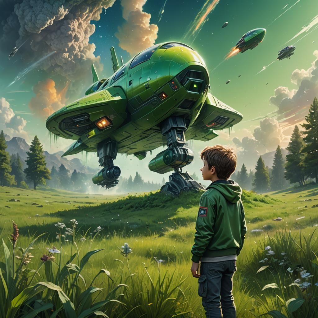 Boy Watches Spaceship Disappear: Hyperrealistic Splash Art