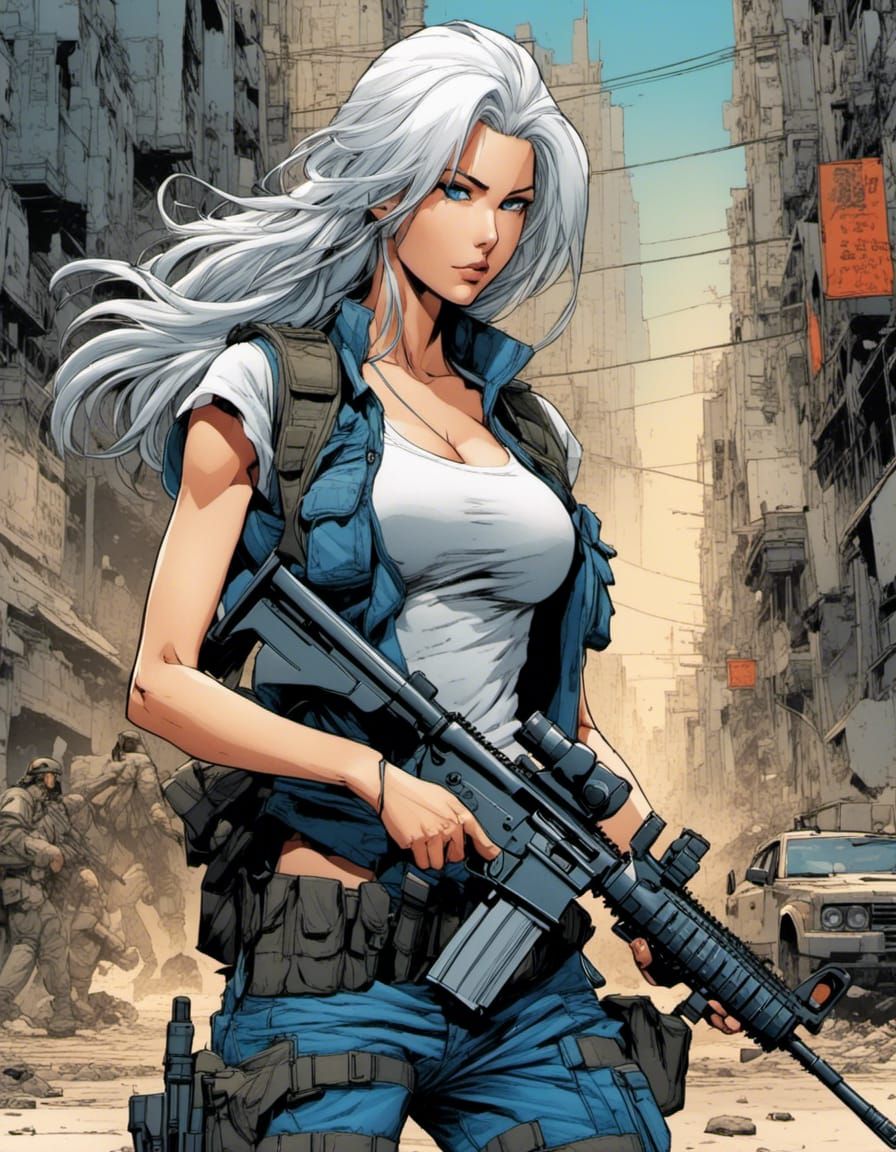 Anime Woman Warrior in Urban Battlefield