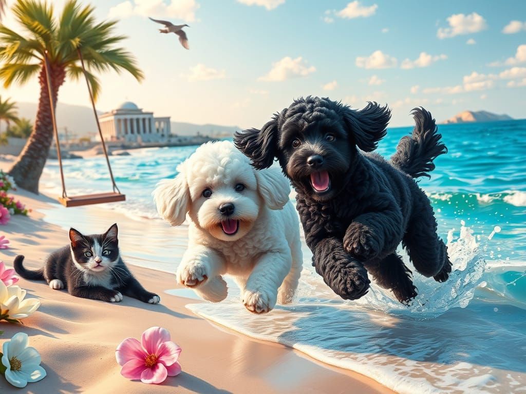 Vibrant, Hyper-Realistic Mid-Shot of Joyful Poodle Puppies i...