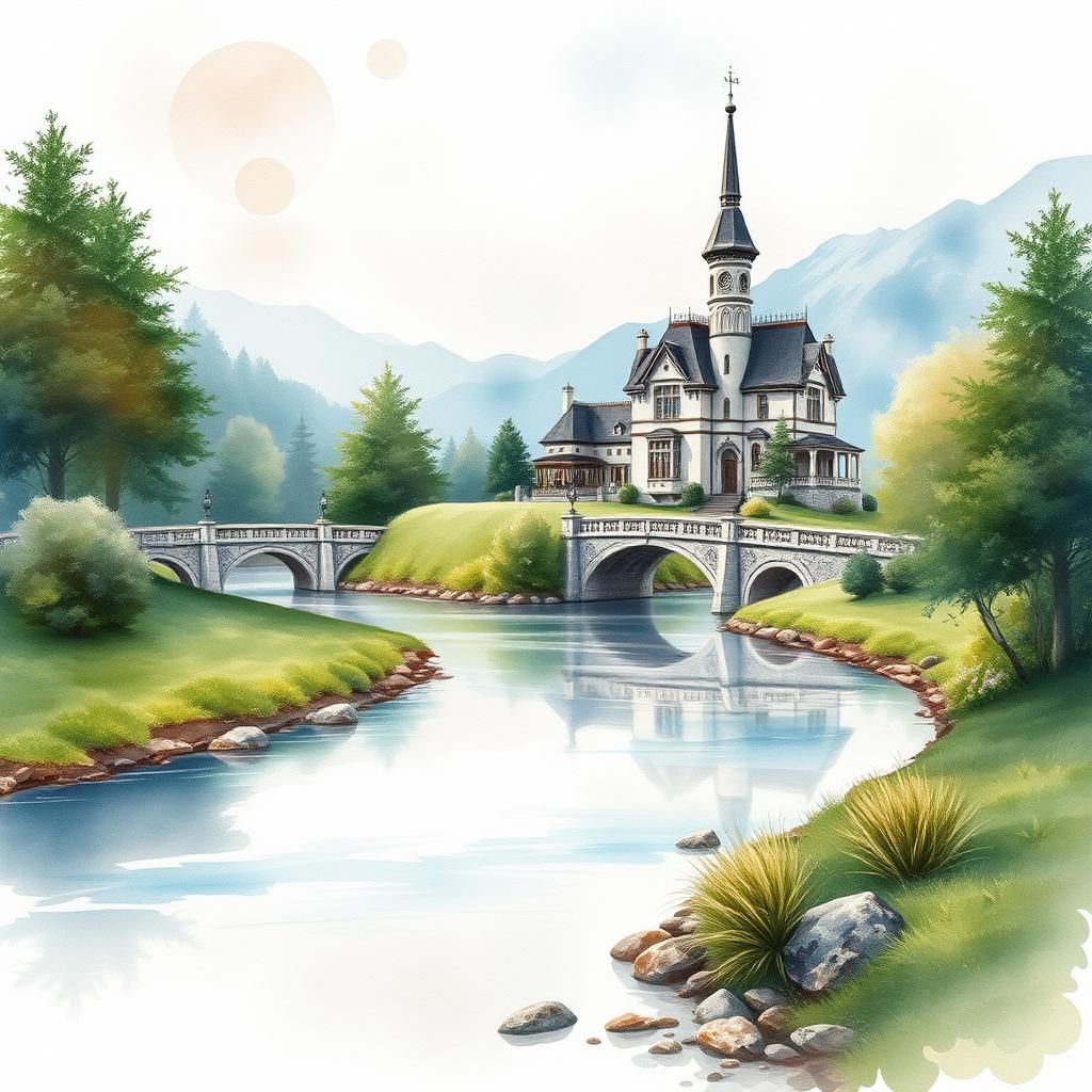 Watercolor House on River with Stone Bridge