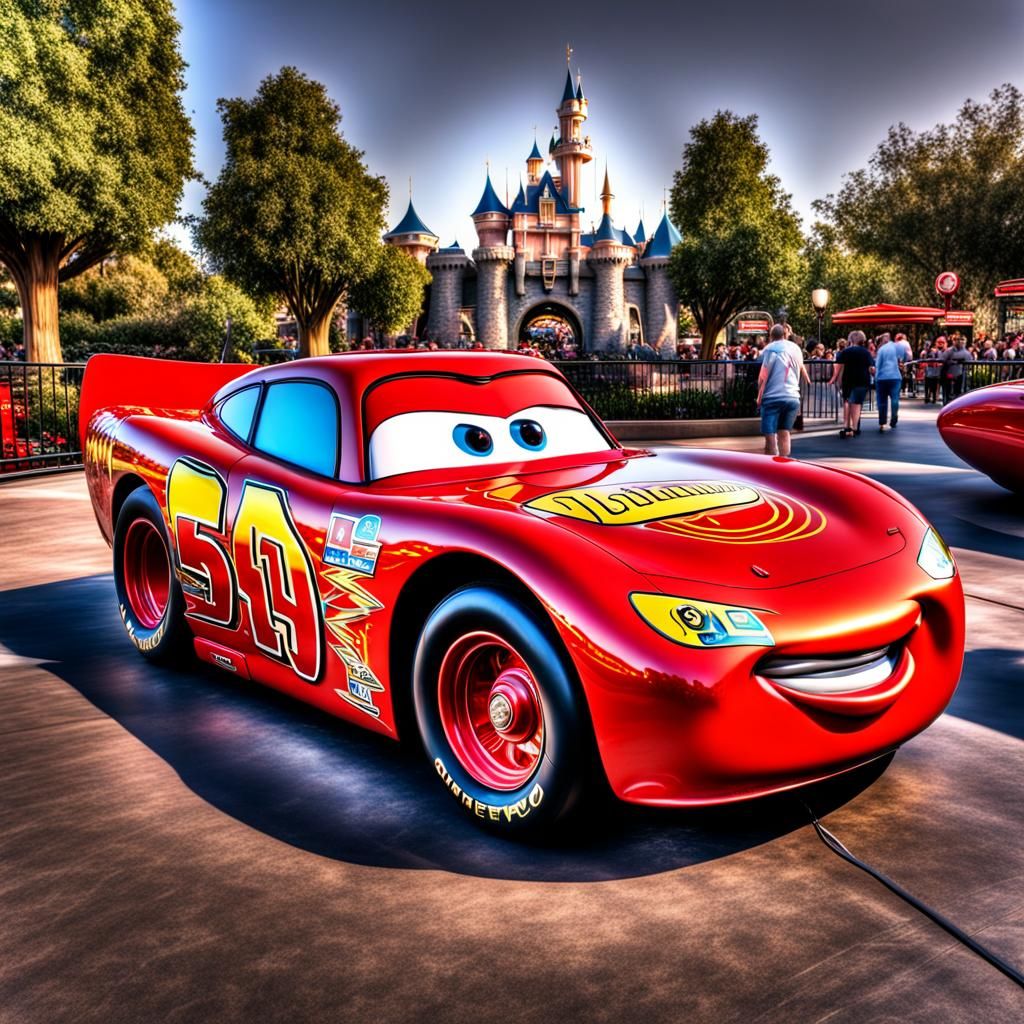 Lightning McQueen at Disneyland in Hyperrealistic Style