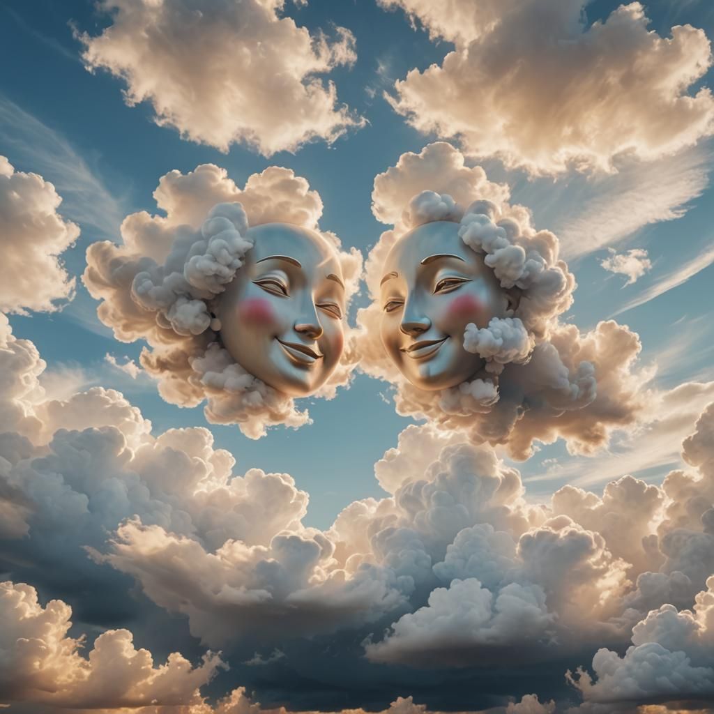 Smiling Cloud Faces in Dreamy Blue Sky