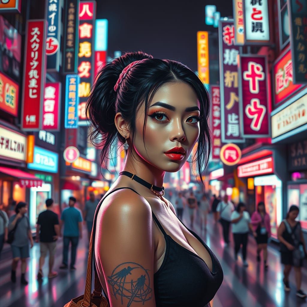 Cyberpunk Woman in Tokyo Street Scene
