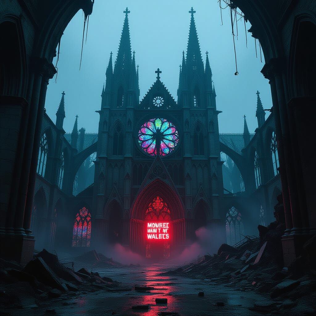 Cyberpunk Cathedral Ruins in Acid Rain