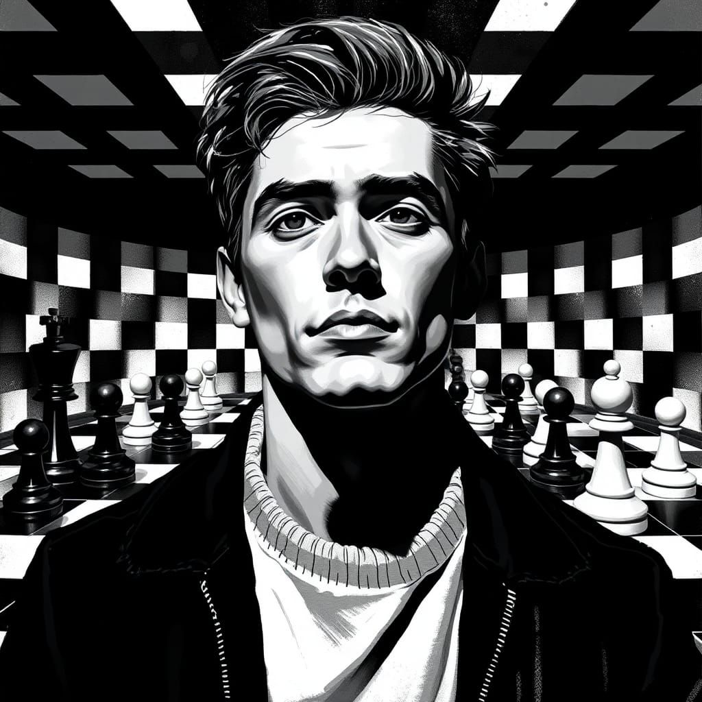 Monochrome Portrait in Chess Environment, Graphic Style