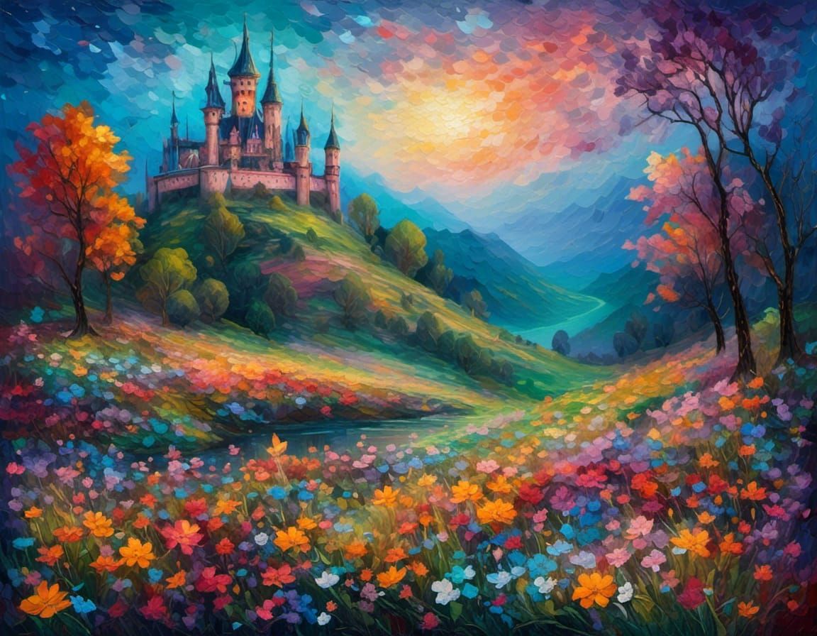 Ethereal Castle Over River of Flowers, Neo-Impressionist