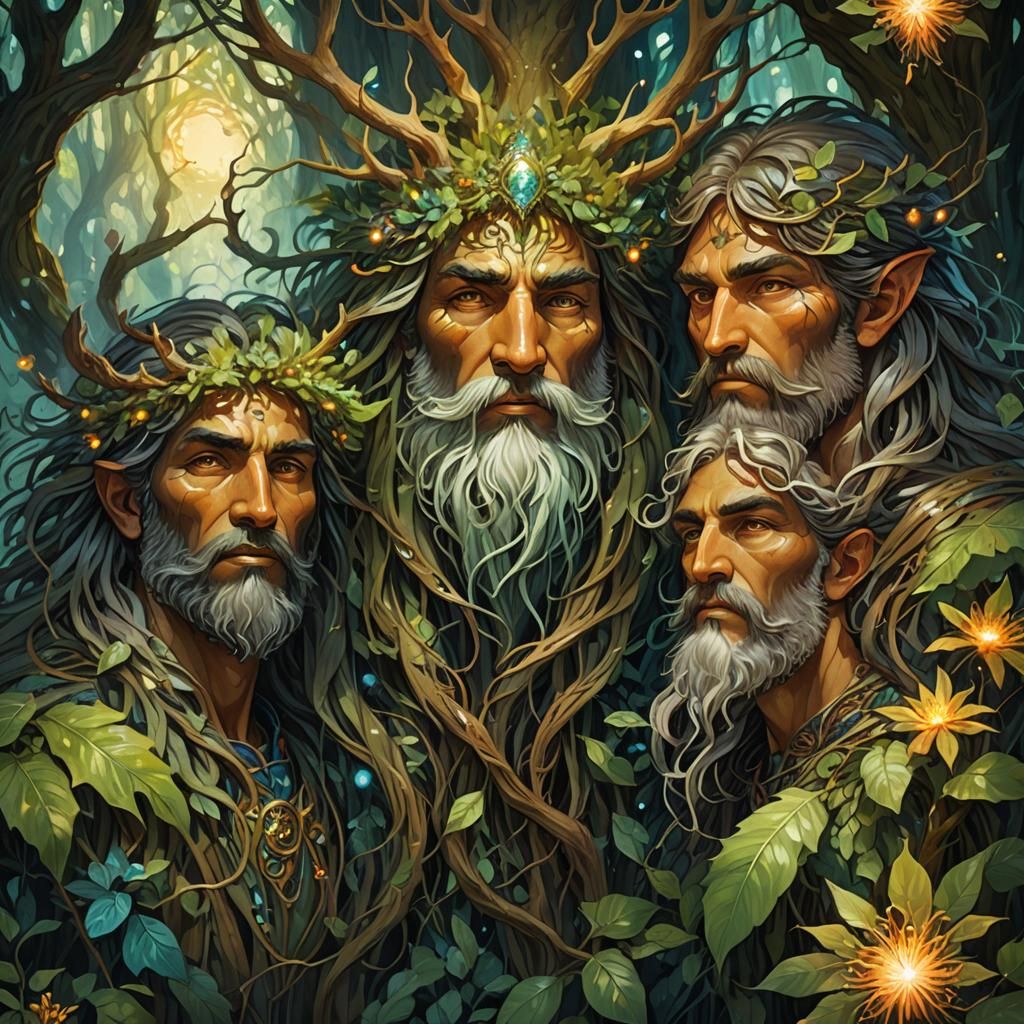Mystical Forest Deities in Vibrant Oil Painting