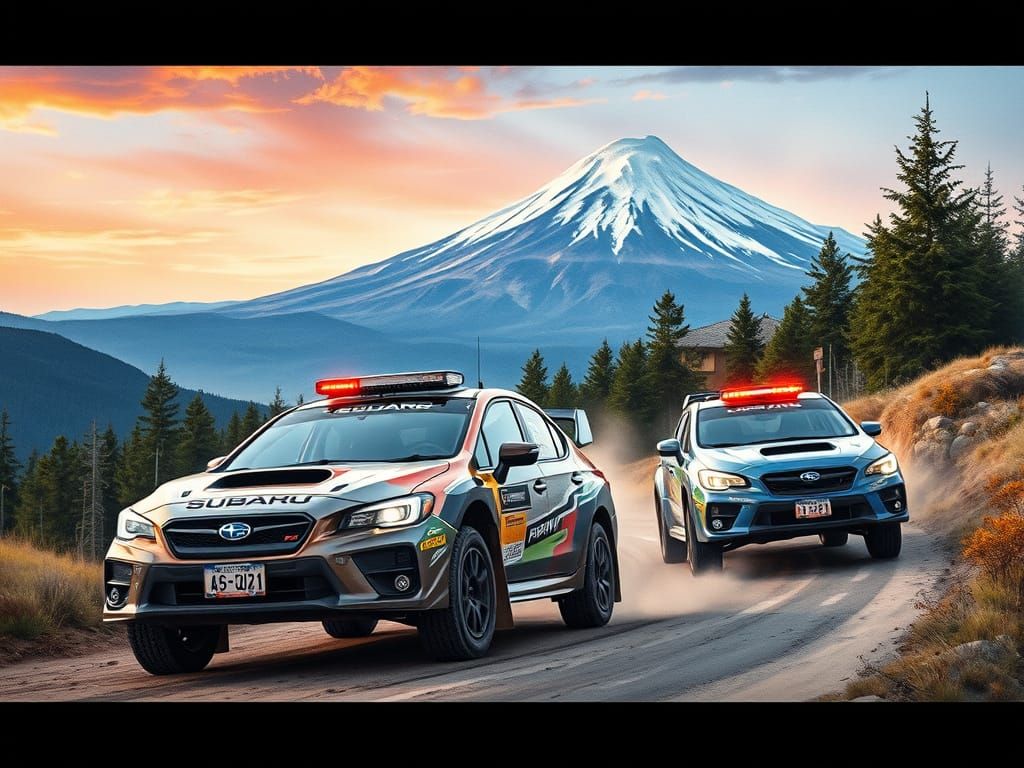 Subaru Cars in Off-Road Race: Watercolor Portrait