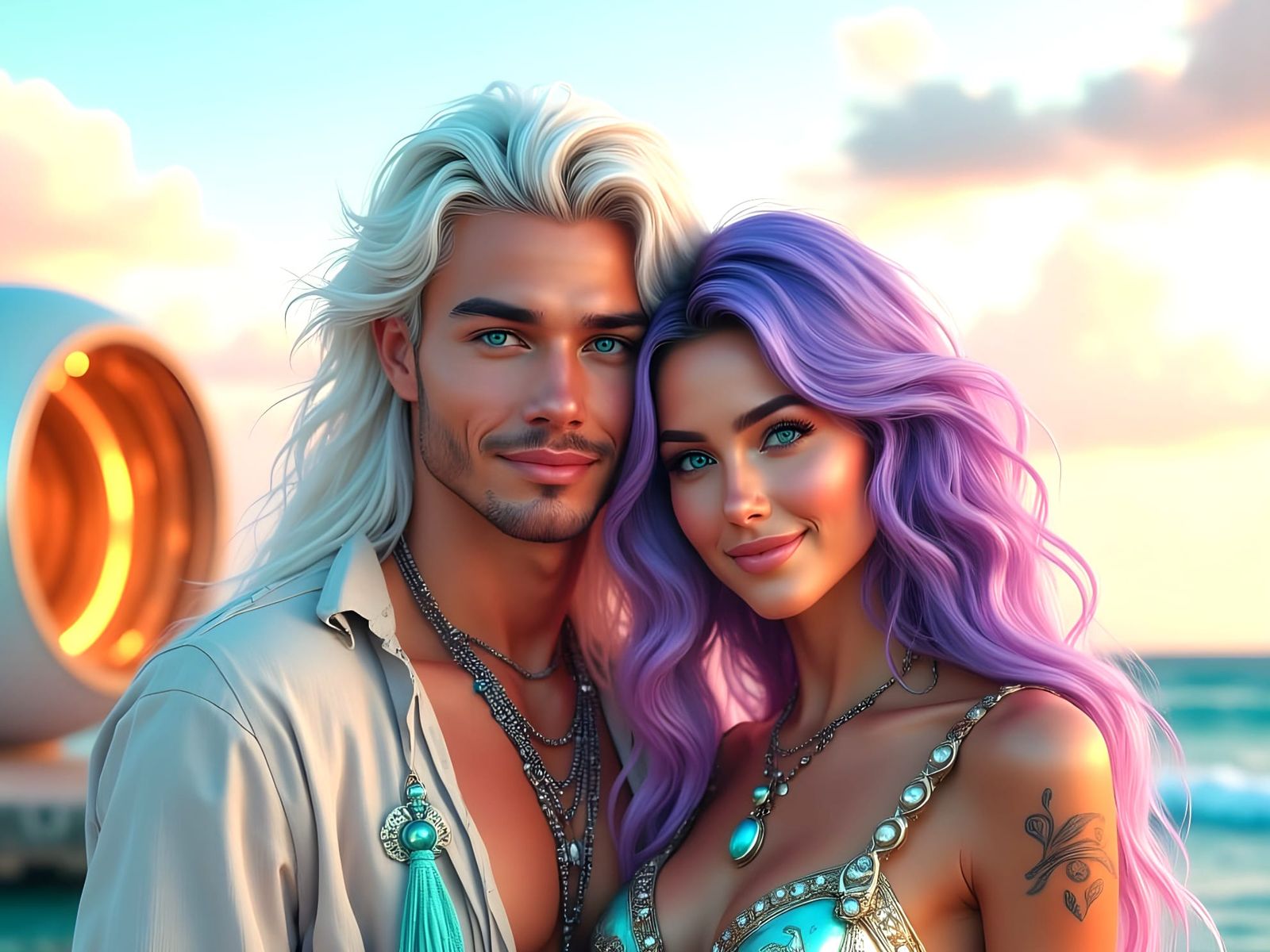 Ethereal Couple in Futuristic Harmony