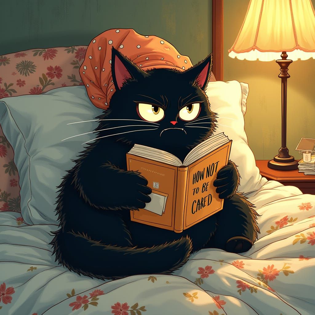 Anxious Black Cat with Book, in Illustrative Style