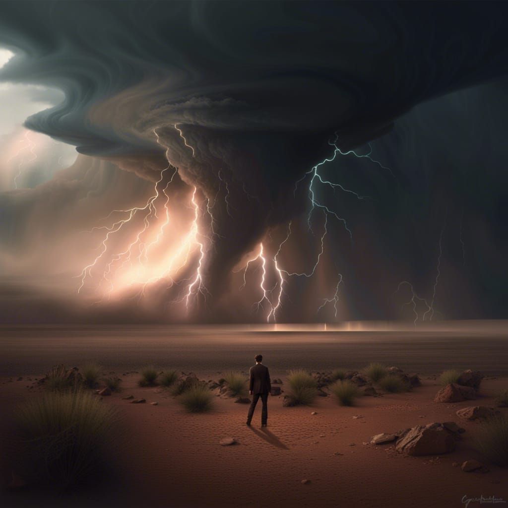Dramatic Desert Tornado Under Lightning Storm