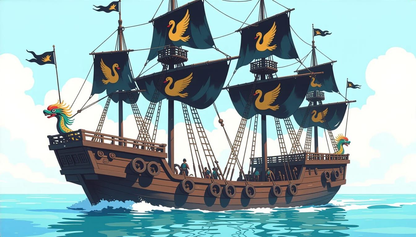 Colossal Chinese Junk Ship in Watercolor Style