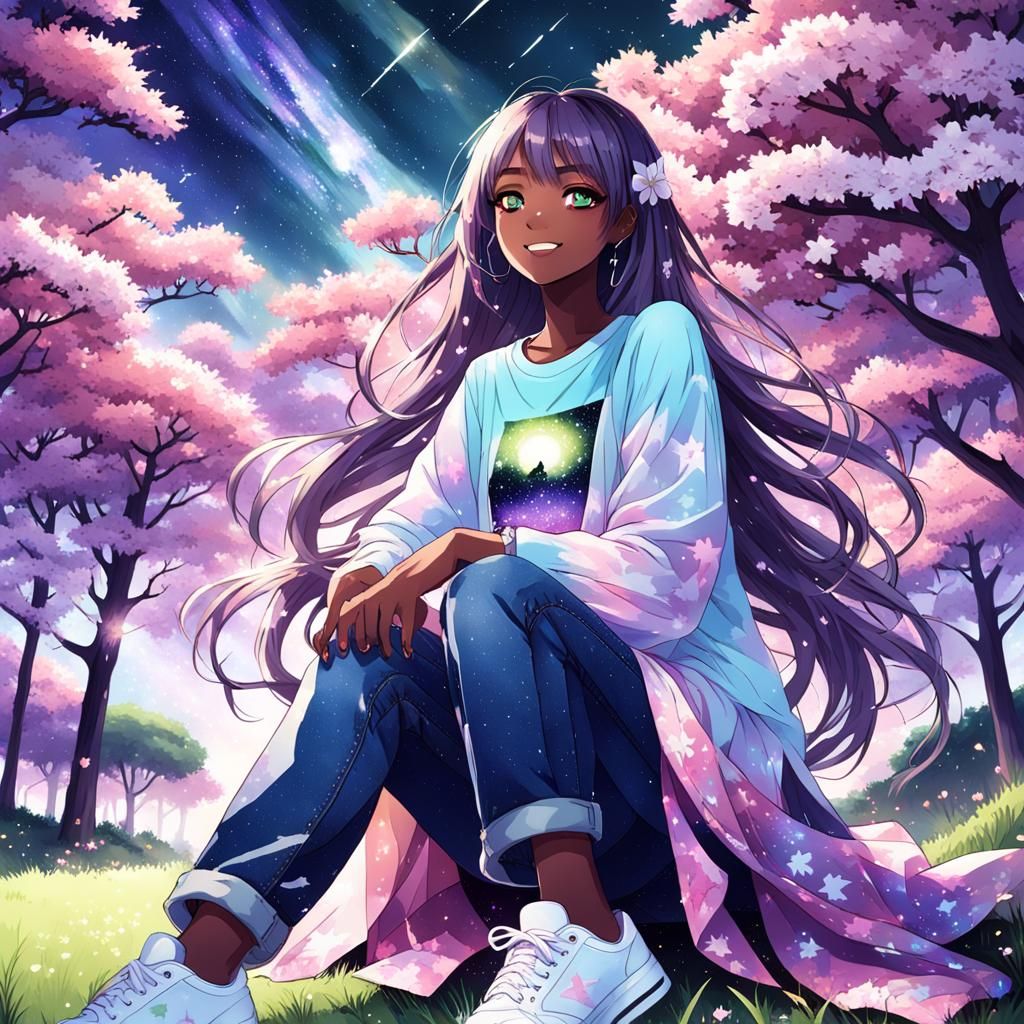 Anime Girl Gazing at Sakura Galaxy
