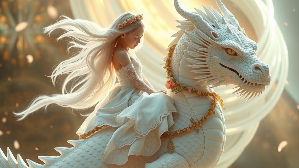 Girl on Dragon in Ethereal Aurora Landscape