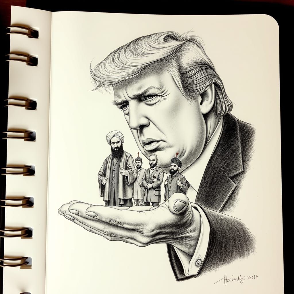 Angry Trump Holds Miniature Leaders in Charcoal Drawing