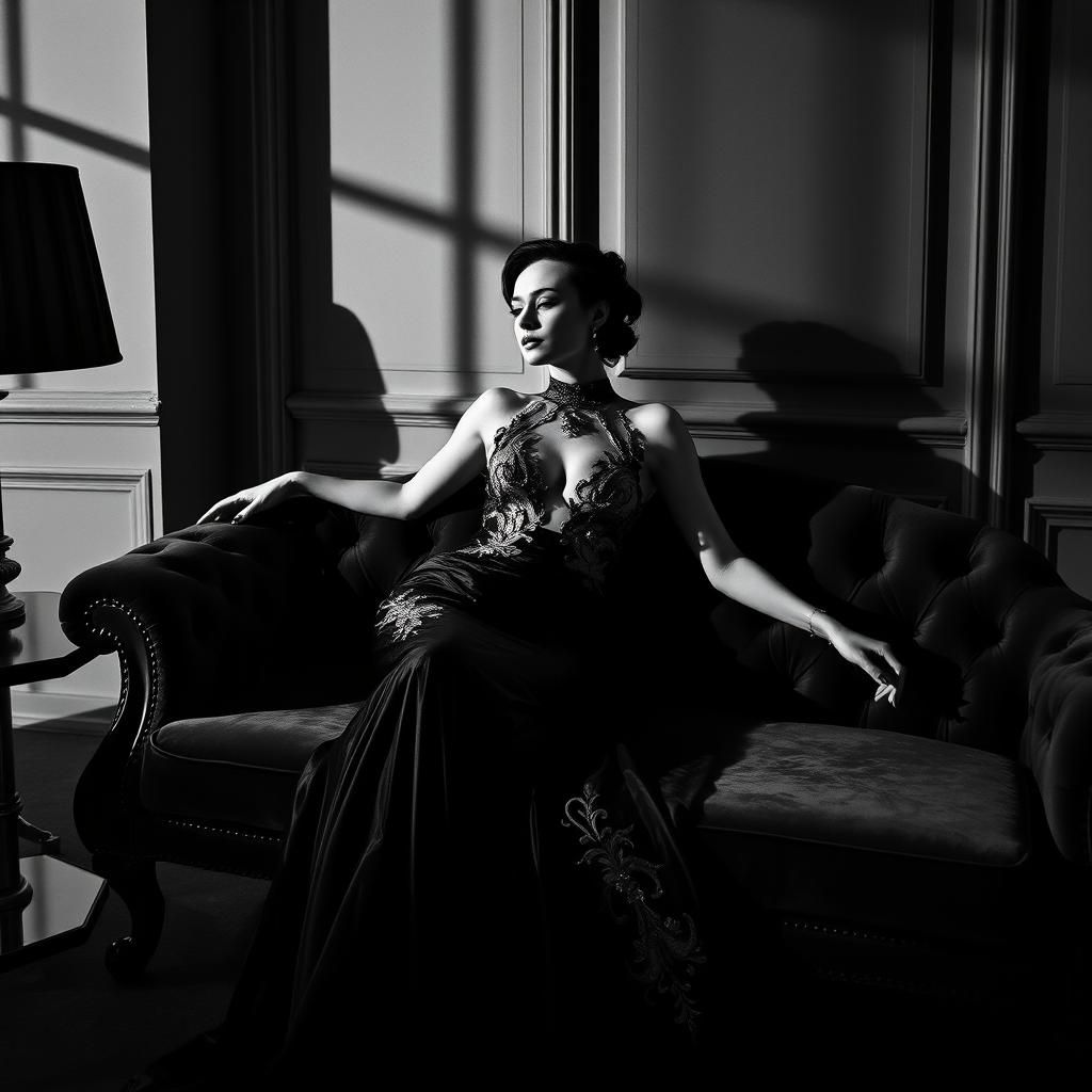elegant woman on sofa in Helmut Newton style