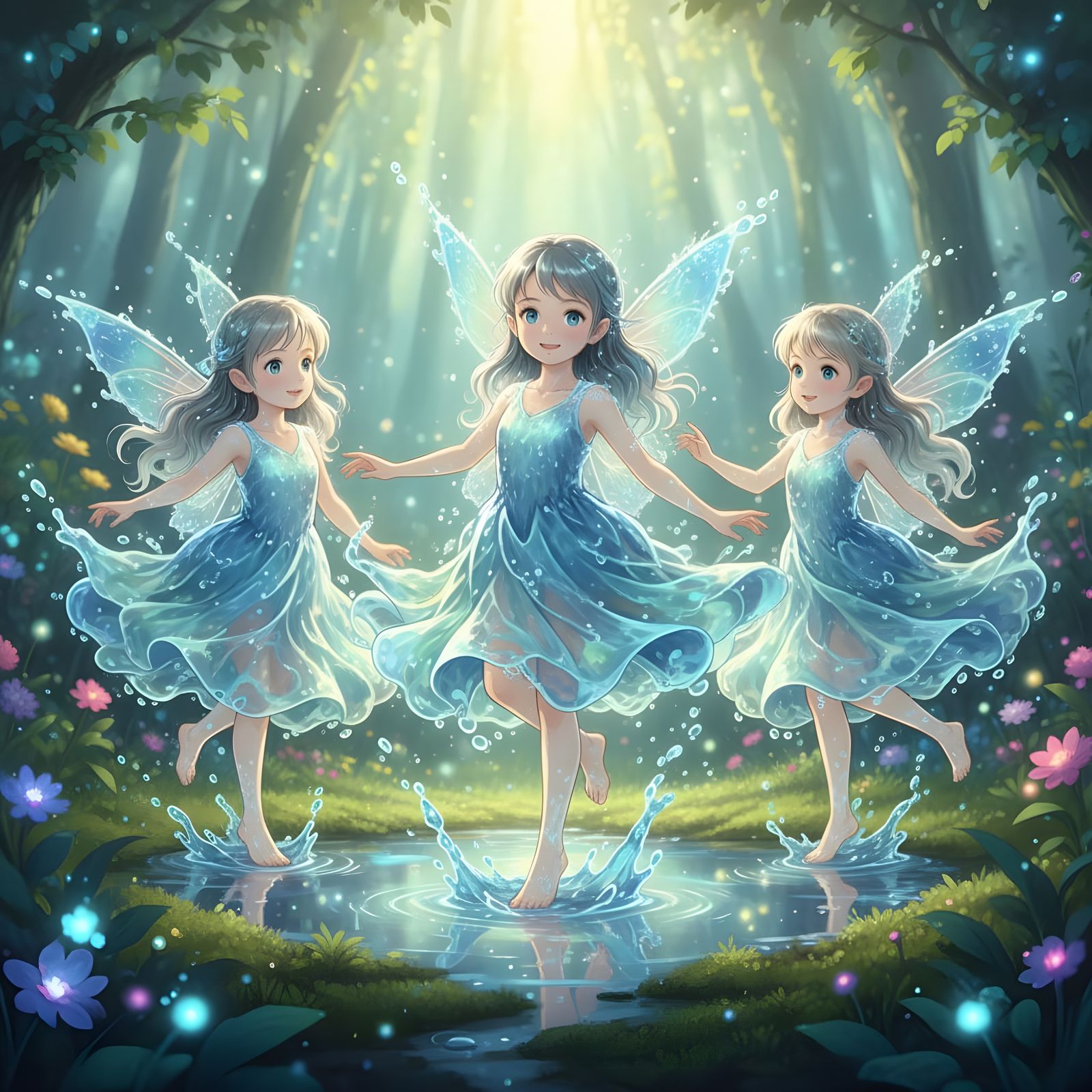 Cute Water Fairies Dancing in Puddle
