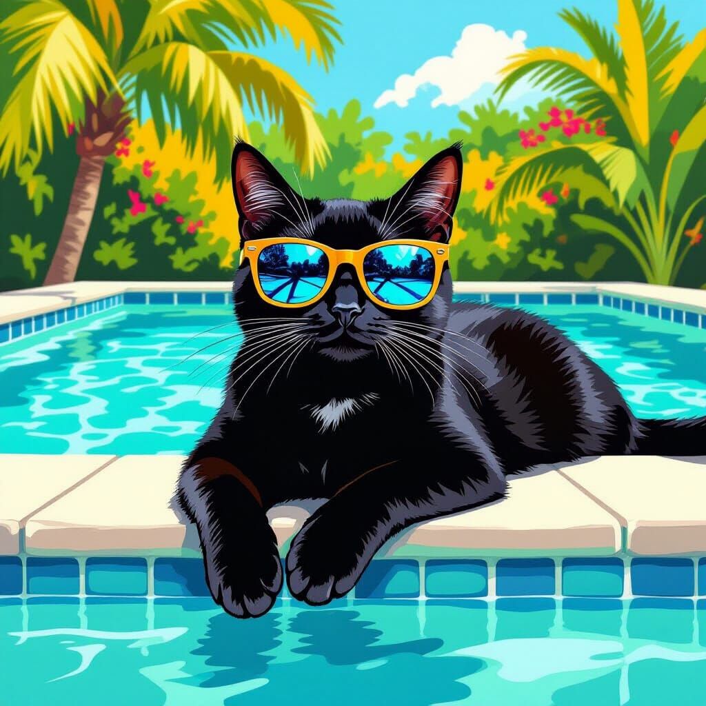 Black Moor Cat Lounging Poolside in Hockney Style