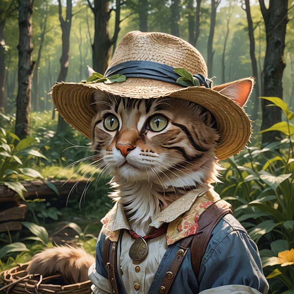 Kitten in Straw Hat Portrait, Hyperdetailed Art