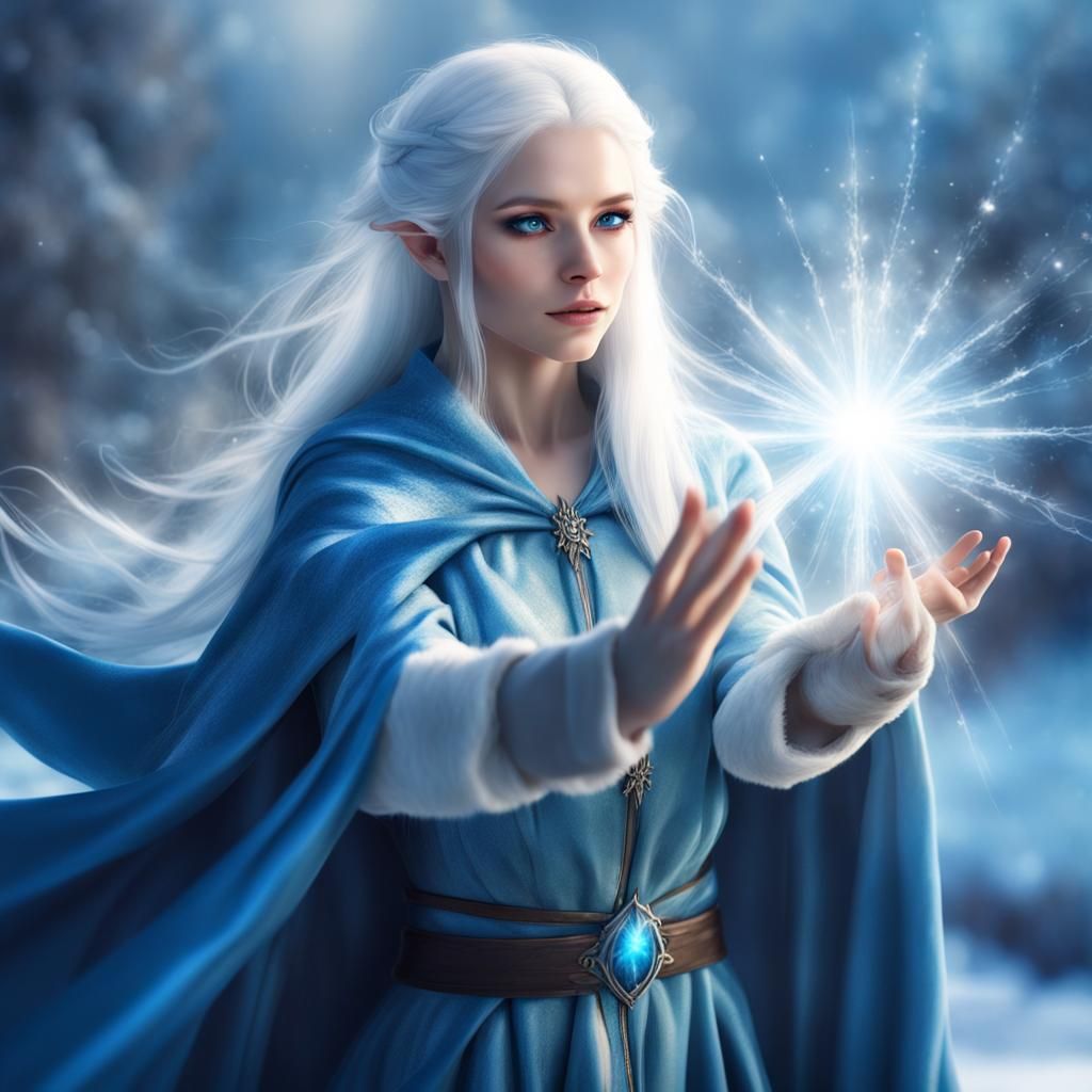 Elven Sorceress Conjuring Frost Magic in Snowy Realm