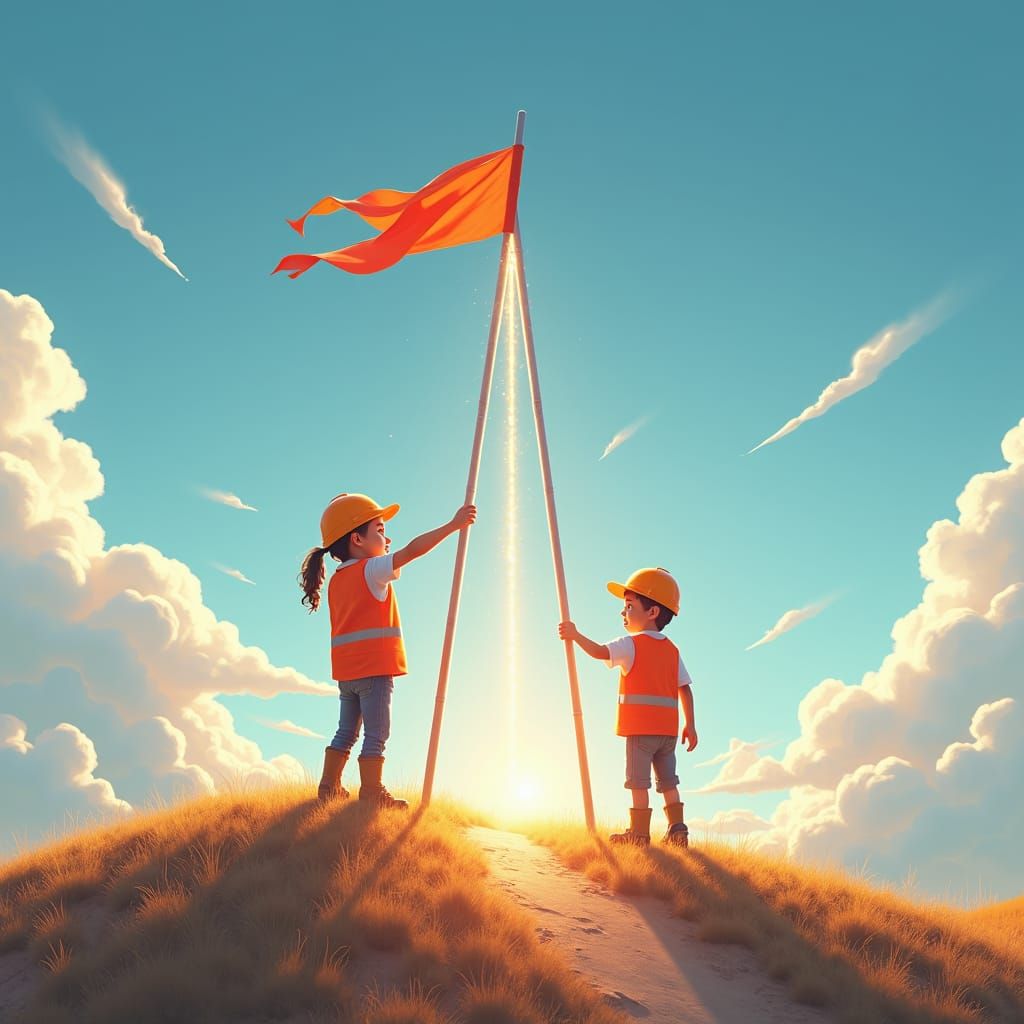 Construction Workers in Dreamlike Landscape, Unreal Engine 5