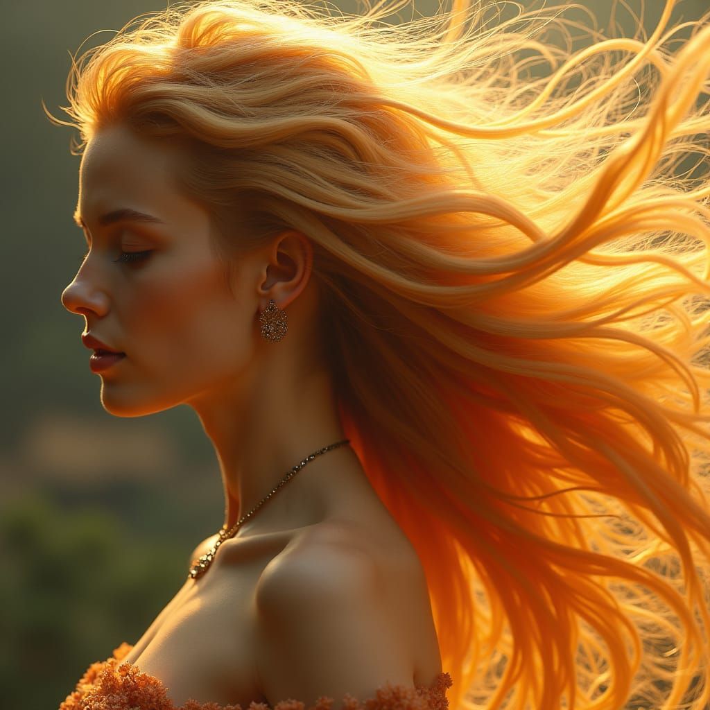 Golden Goddess with Flowing Hair, Matte Painting