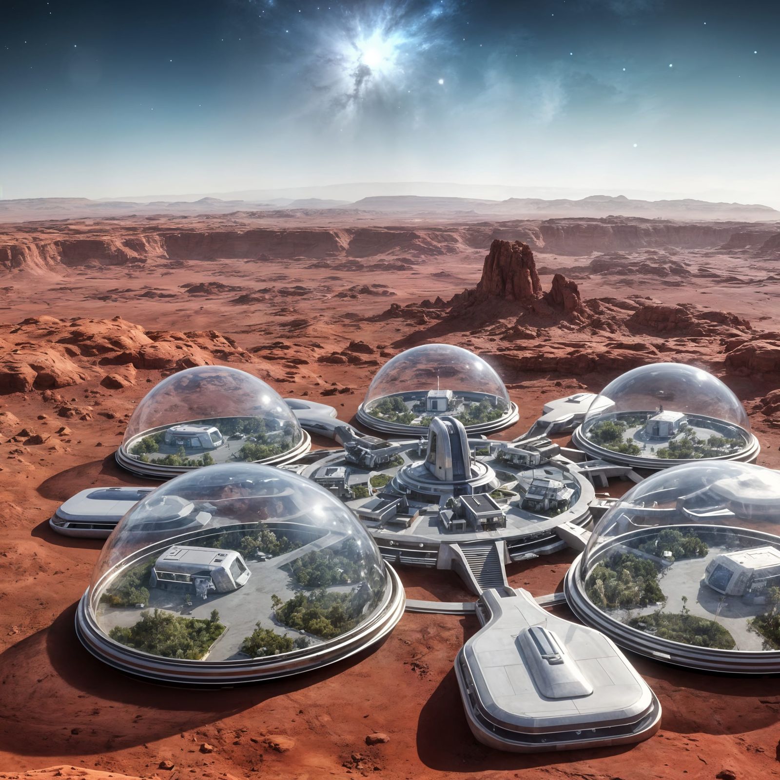 Mars Colony Village with Futuristic Domes and Gardens