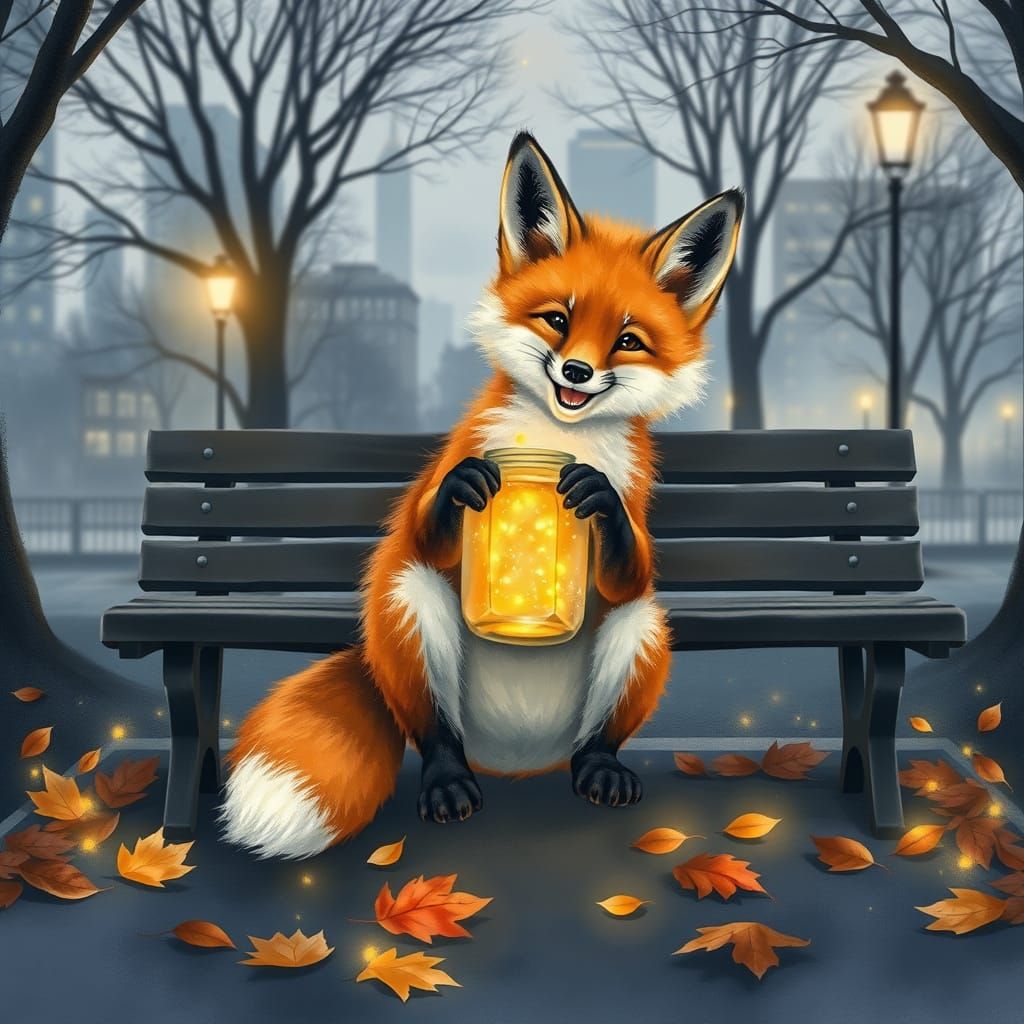 Whimsical Fox Cub Surrounded by Fireflies in a Gouache Maste...