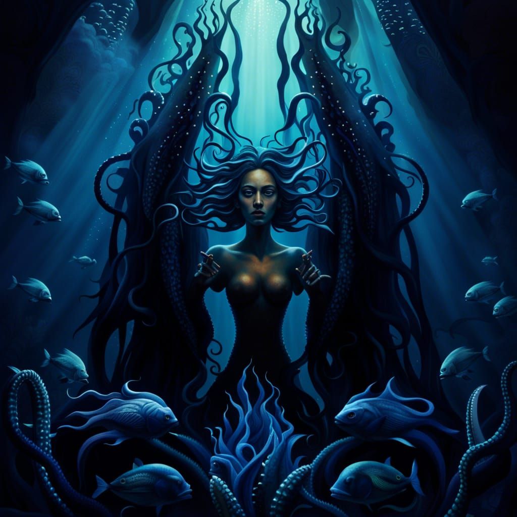 Eldritch Statue Submerged in Dark Underwater Scene