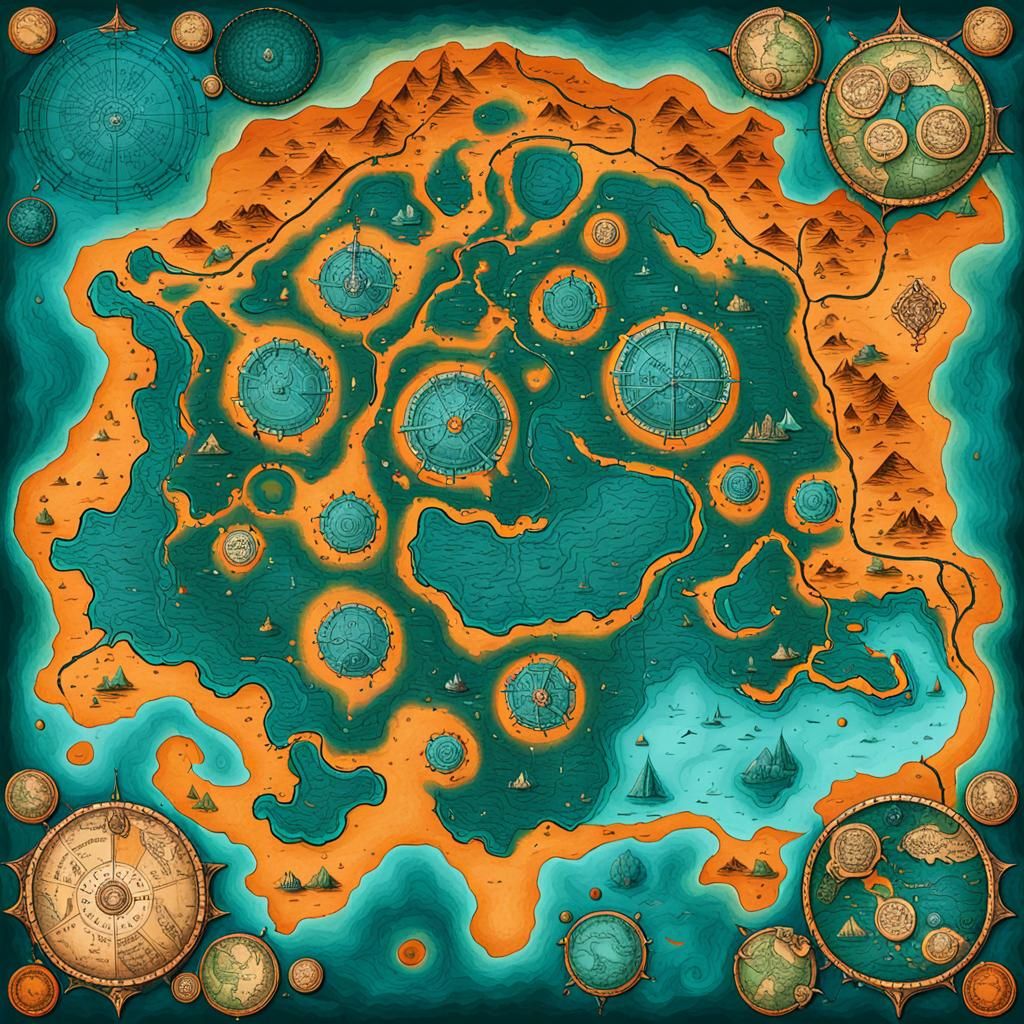 Antique Map of Zandor in Orange and Teal