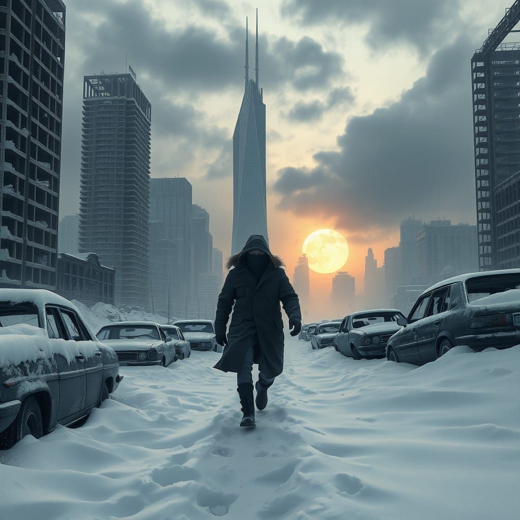 Abandoned Cityscape in Frosty Apocalyptic Winter