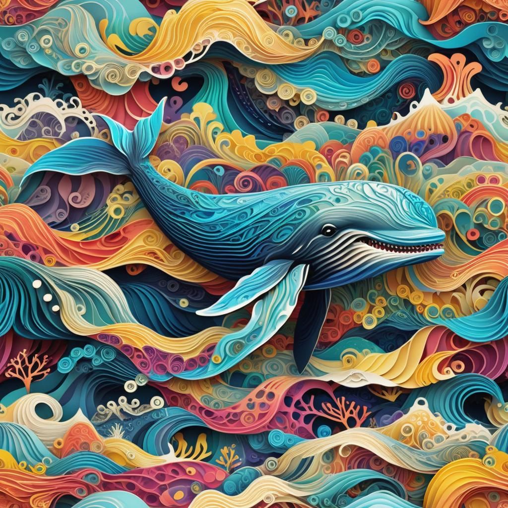 Colorful Kirigami Whale in the Sea