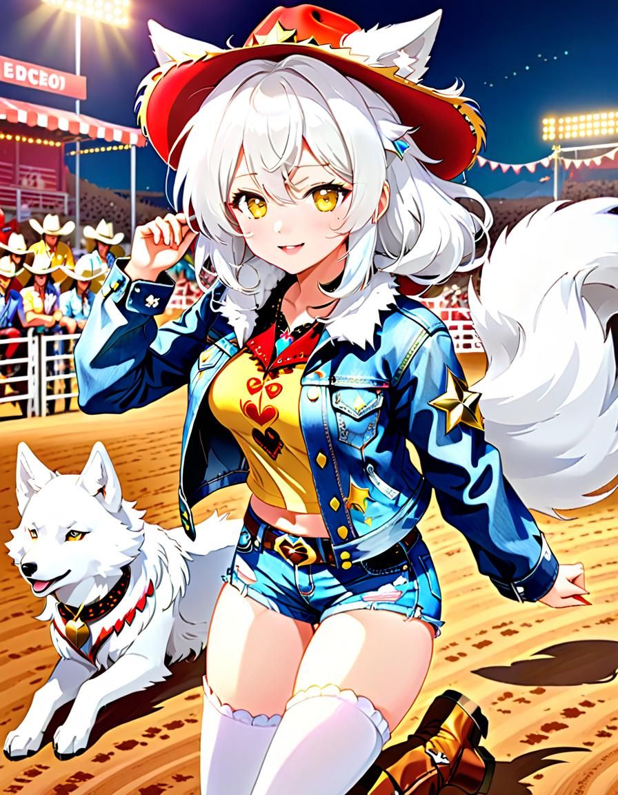 Anime Cowgirl with Wolf Features at the Rodeo