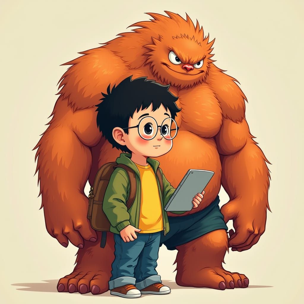 Chubby Boy Draws a Fiery Monster in Comic Book Style